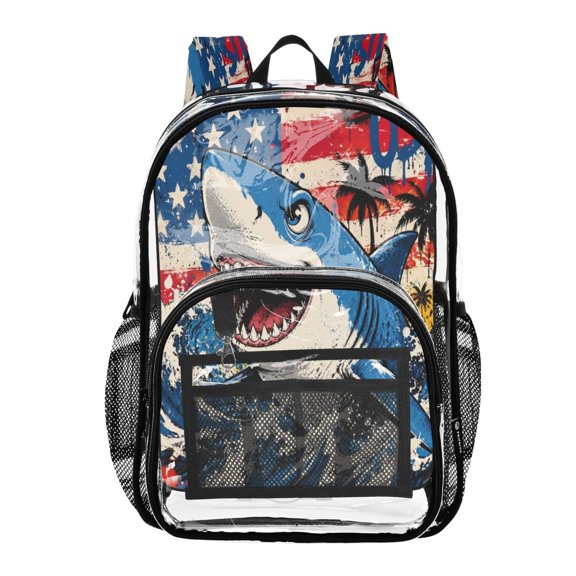 Clear PVC Backpack 12L Transparent Shoulder Bag with Mesh Pockets Graffiti Shark American Flag Art