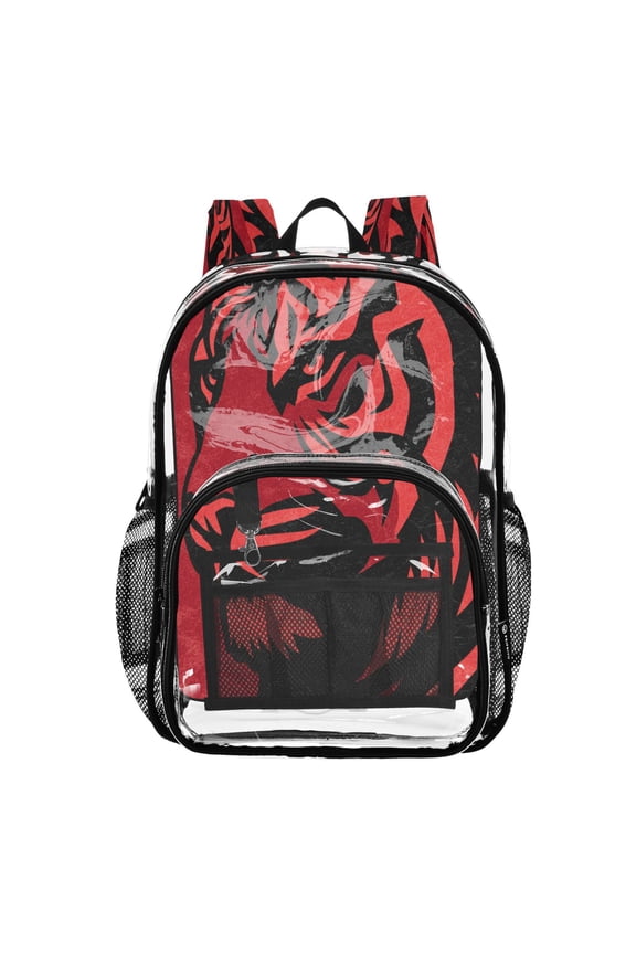 Clear PVC Backpack 12L Transparent Shoulder Bag with Mesh Pockets Graphic Tiger Head Pattern