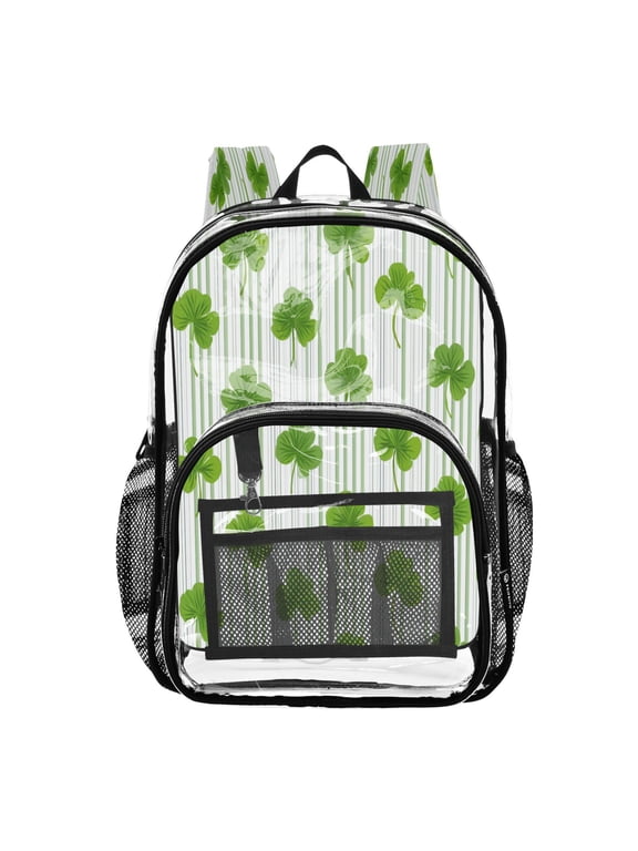 Clear PVC Backpack 12L Transparent Shoulder Bag with Mesh Pockets Green Clover Stripe Pattern