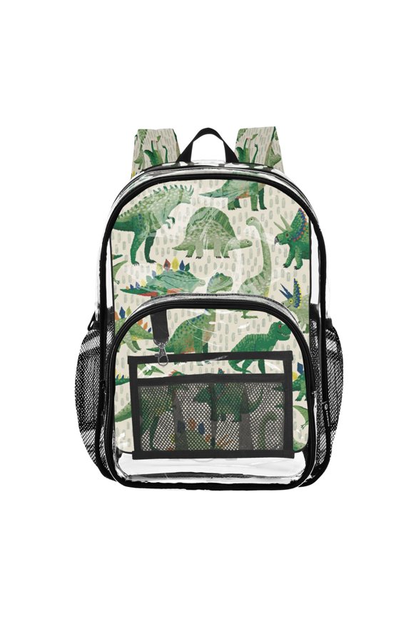 Clear PVC Backpack 12L Transparent Shoulder Bag with Mesh Pockets Green Dinosaur