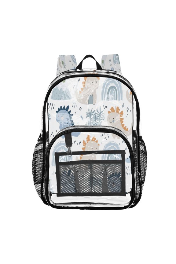 Clear PVC Backpack 12L Transparent Shoulder Bag with Mesh Pockets Grey Dinosaur