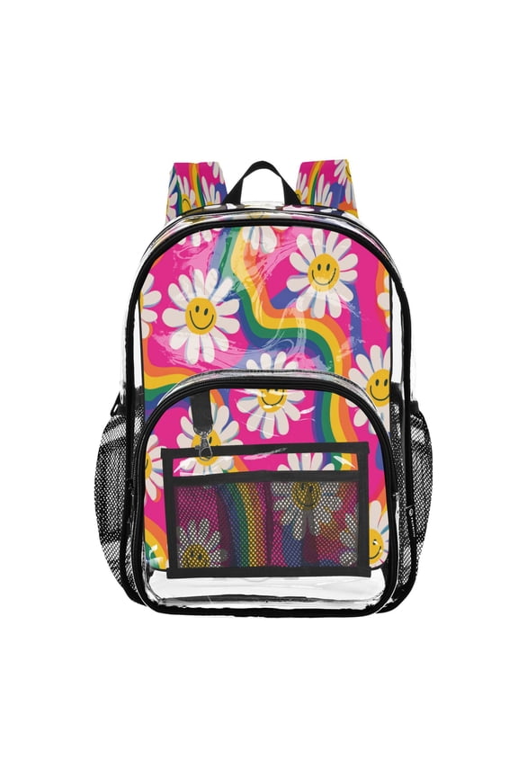 Clear PVC Backpack 12L Transparent Shoulder Bag with Mesh Pockets Groovy Daisies with Smiley Faces