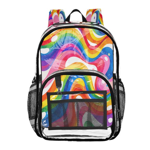 Clear PVC Backpack 12L Transparent Shoulder Bag with Mesh Pockets Groovy Rainbow Swirl Pattern