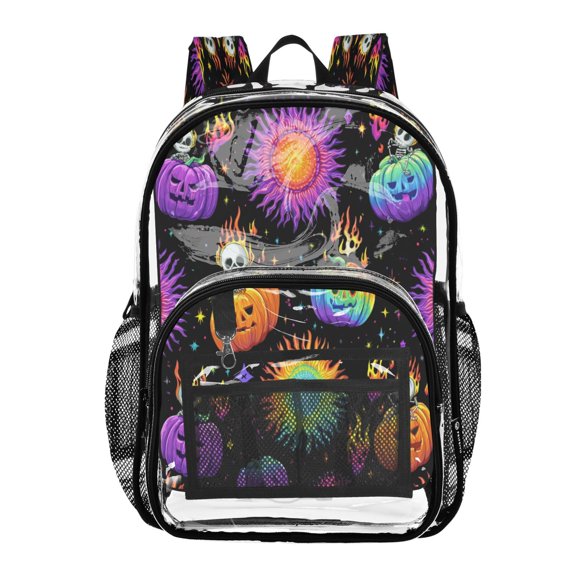 Clear PVC Backpack 12L Transparent Shoulder Bag with Mesh Pockets Halloween Pumpkin Spooky Pattern
