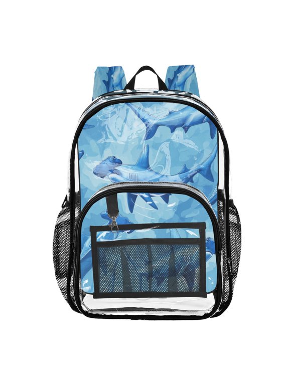 Clear PVC Backpack 12L Transparent Shoulder Bag with Mesh Pockets Hammerhead Shark Pattern