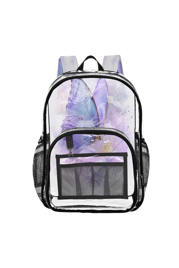 Clear PVC Backpack 12L Transparent Shoulder Bag with Mesh Pockets Lavender Dream Of The Morpho