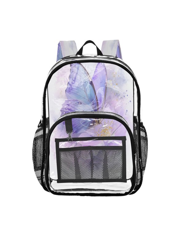 Clear PVC Backpack 12L Transparent Shoulder Bag with Mesh Pockets Lavender Dream Of The Morpho