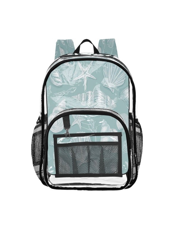 Clear PVC Backpack 12L Transparent Shoulder Bag with Mesh Pockets Light Blue Seashells Pattern