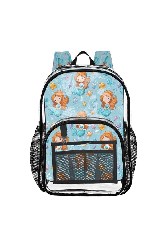 Clear PVC Backpack 12L Transparent Shoulder Bag with Mesh Pockets Little Mermaids and Seashells
