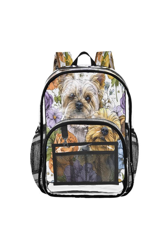 Clear PVC Backpack 12L Transparent Shoulder Bag with Mesh Pockets Lovely Yorkshire Terrier Dogs