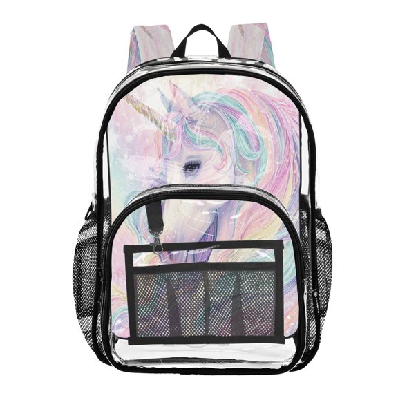 Clear PVC Backpack 12L Transparent Shoulder Bag with Mesh Pockets Magical Unicorn Pastel Sky