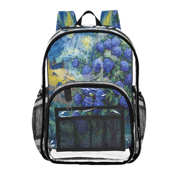 Clear PVC Backpack 12L Transparent Shoulder Bag with Mesh Pockets Midnight Rose Citadel