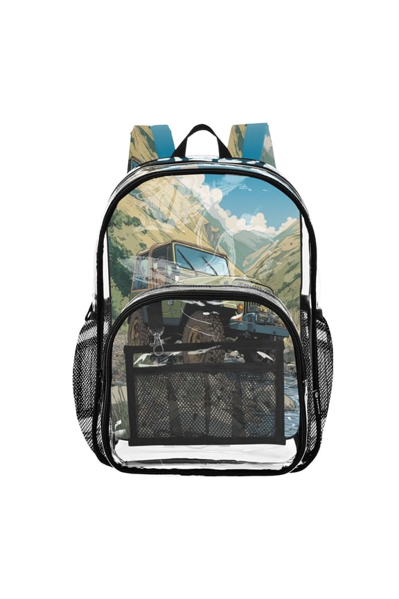 Clear PVC Backpack 12L Transparent Shoulder Bag with Mesh Pockets Mountain Stream Jeep Adventure