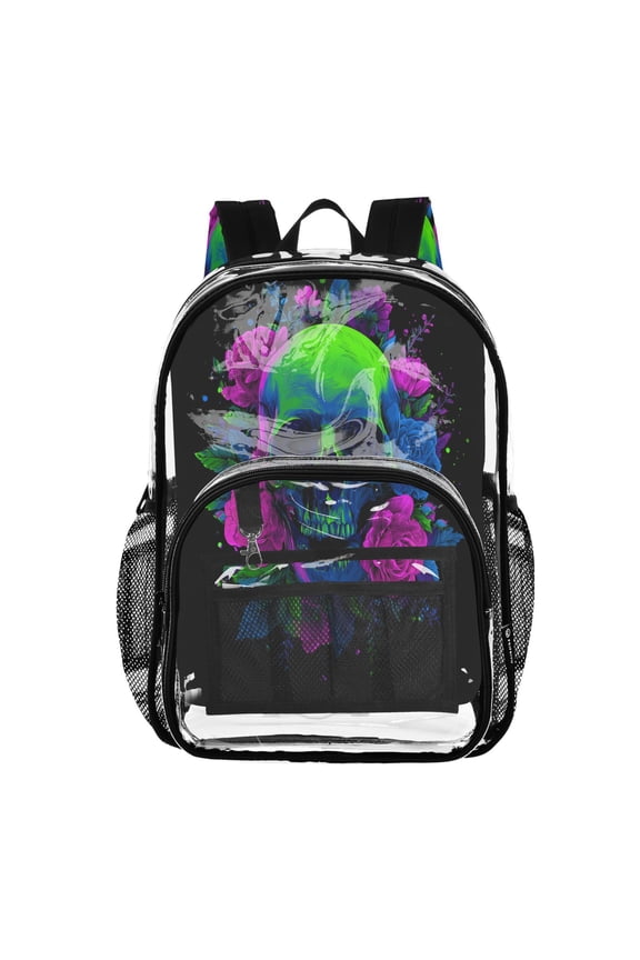 Clear PVC Backpack 12L Transparent Shoulder Bag with Mesh Pockets Neon Rose Skull Design