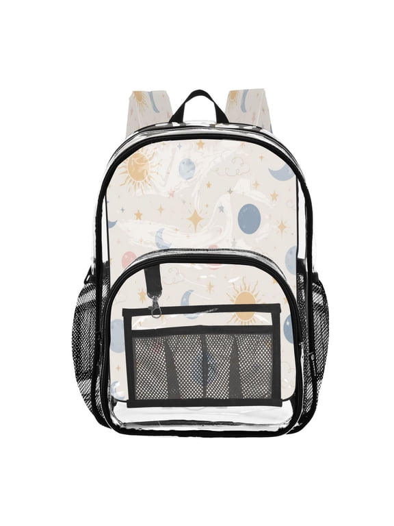Clear PVC Backpack 12L Transparent Shoulder Bag with Mesh Pockets Nursery Celestial Clouds Print