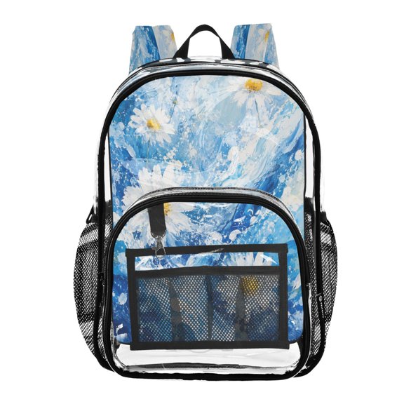 Clear PVC Backpack 12L Transparent Shoulder Bag with Mesh Pockets Ocean Wave Daisy Floral
