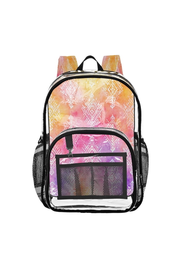 Clear PVC Backpack 12L Transparent Shoulder Bag with Mesh Pockets Ombre Ethnic Geometric Print