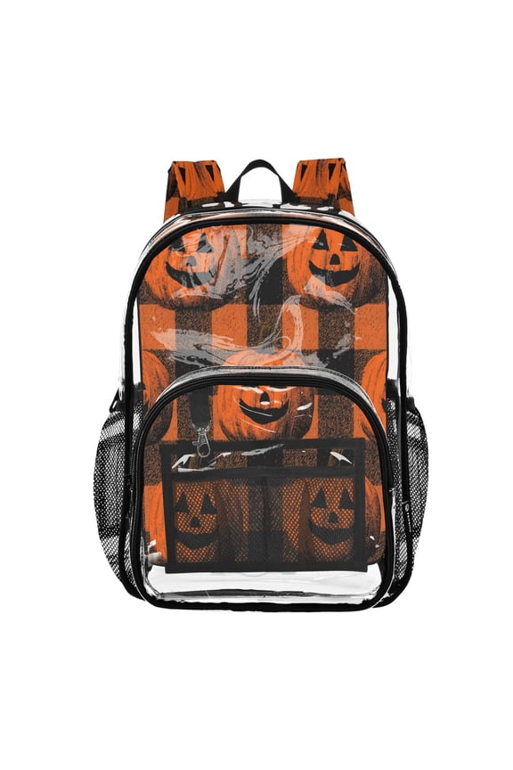 Clear PVC Backpack 12L Transparent Shoulder Bag with Mesh Pockets Orange Striped Smiley Pumpkins