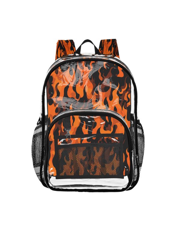 Clear PVC Backpack 12L Transparent Shoulder Bag with Mesh Pockets Orange and Black Flames