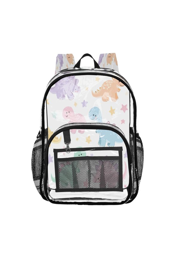 Clear PVC Backpack 12L Transparent Shoulder Bag with Mesh Pockets Pastel Tone Dino Pattern
