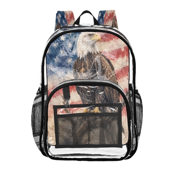 Clear PVC Backpack 12L Transparent Shoulder Bag with Mesh Pockets Patriotic Watercolor Eagle