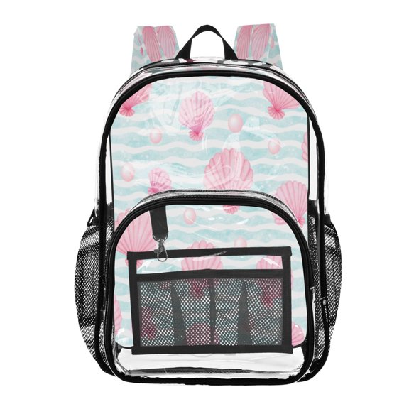 Clear PVC Backpack 12L Transparent Shoulder Bag with Mesh Pockets Pink Seashell Wave Pattern