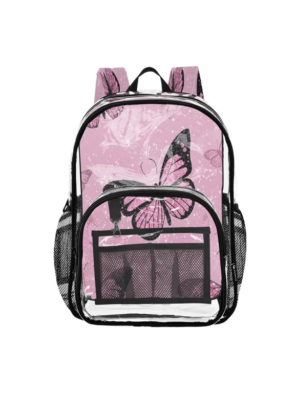 Clear PVC Backpack 12L Transparent Shoulder Bag with Mesh Pockets Pink Sequin Butterfly