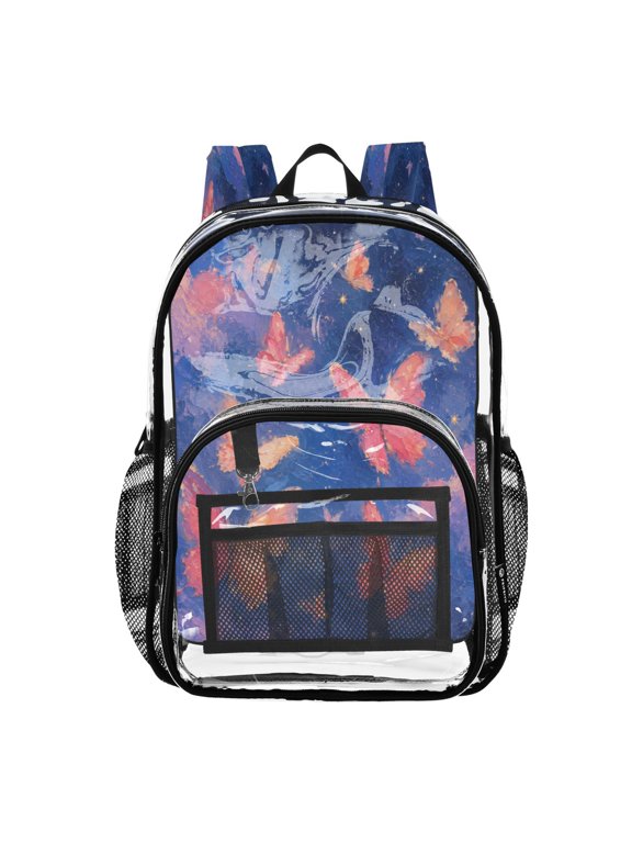 Clear PVC Backpack 12L Transparent Shoulder Bag with Mesh Pockets Pink Twilight Winged Butterflies