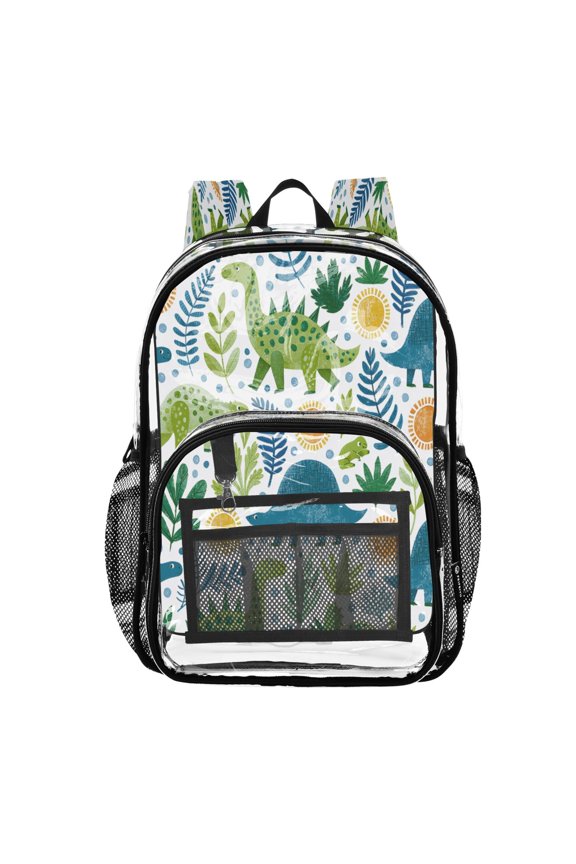 Clear PVC Backpack 12L Transparent Shoulder Bag with Mesh Pockets Plants and Dinosaurs