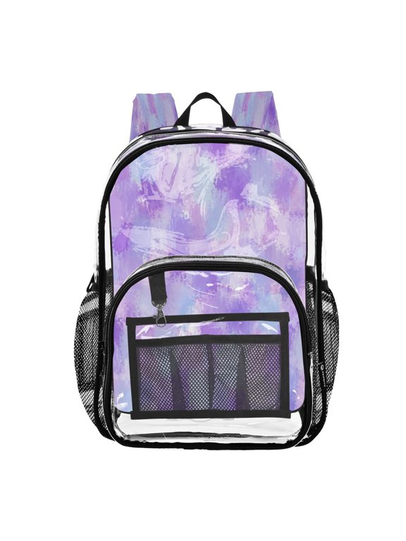 Clear PVC Backpack 12L Transparent Shoulder Bag with Mesh Pockets Purple Brushstroke Pattern