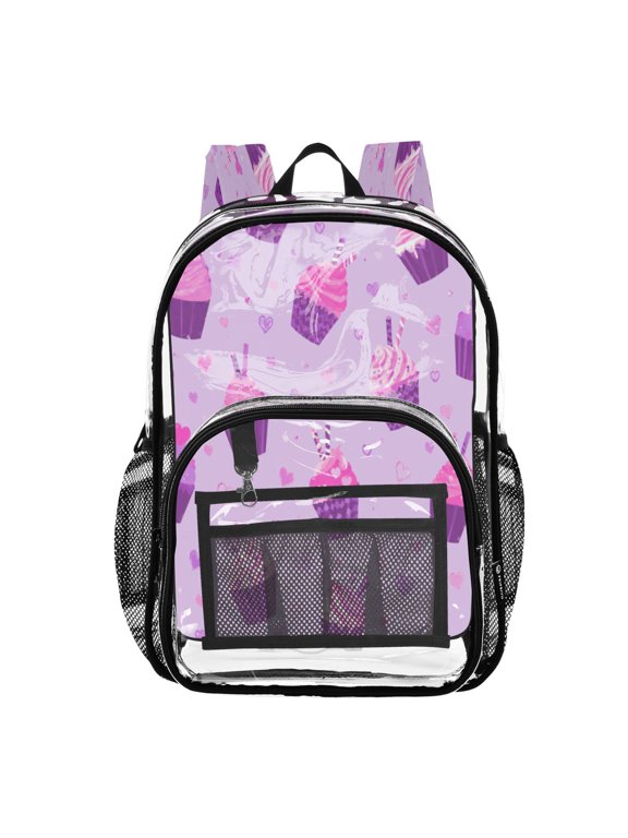 Clear PVC Backpack 12L Transparent Shoulder Bag with Mesh Pockets Purple Cupcake Heart Pattern