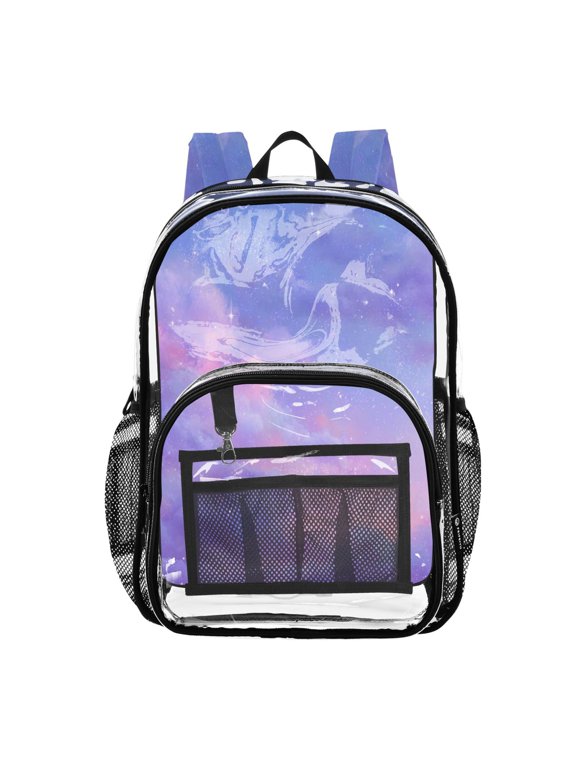 Clear PVC Backpack 12L Transparent Shoulder Bag with Mesh Pockets Purple Pink Twilight Galaxy
