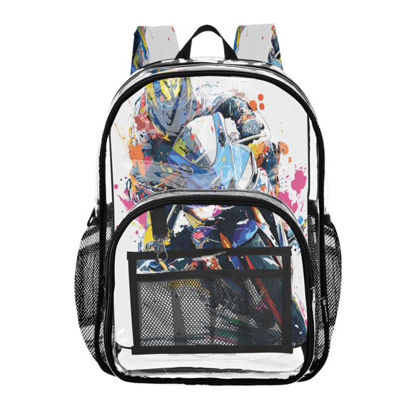 Clear PVC Backpack 12L Transparent Shoulder Bag with Mesh Pockets Racing Splash Pattern