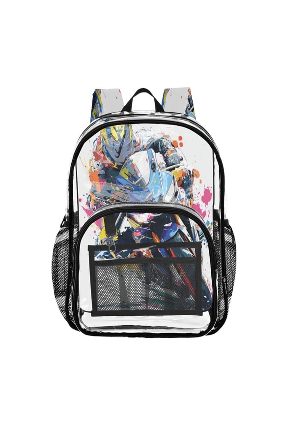 Clear PVC Backpack 12L Transparent Shoulder Bag with Mesh Pockets Racing Splash Pattern