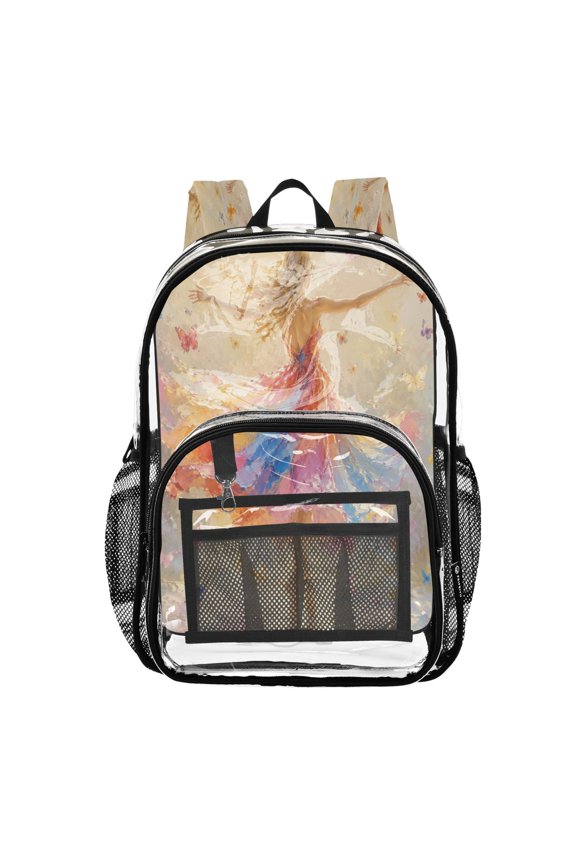 Clear PVC Backpack 12L Transparent Shoulder Bag with Mesh Pockets Rainbow Dress Dancer Print