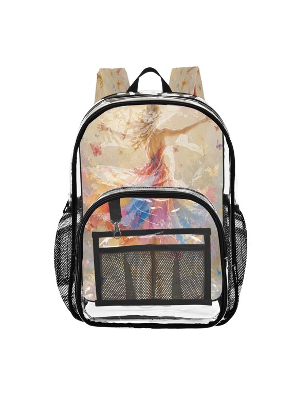 Clear PVC Backpack 12L Transparent Shoulder Bag with Mesh Pockets Rainbow Dress Dancer Print