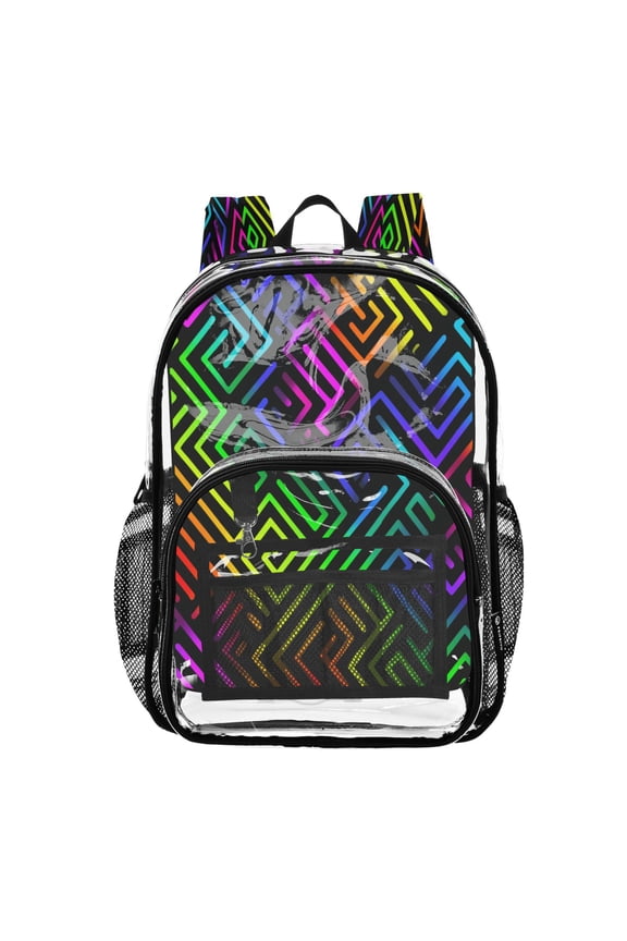 Clear PVC Backpack 12L Transparent Shoulder Bag with Mesh Pockets Rainbow Neon Labyrinth Print