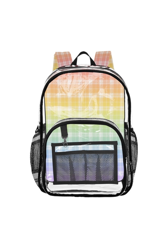Clear PVC Backpack 12L Transparent Shoulder Bag with Mesh Pockets Rainbow Ombre Plaid Design
