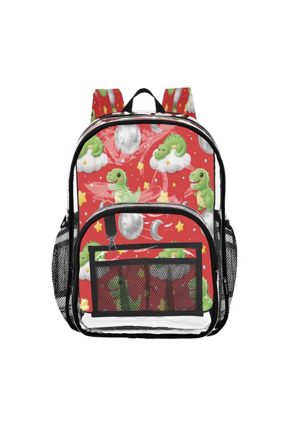 Clear PVC Backpack 12L Transparent Shoulder Bag with Mesh Pockets Red Dino Moon Pattern