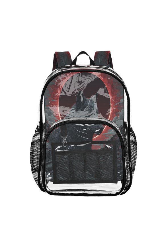 Clear PVC Backpack 12L Transparent Shoulder Bag with Mesh Pockets Red Sun Lone Wolf