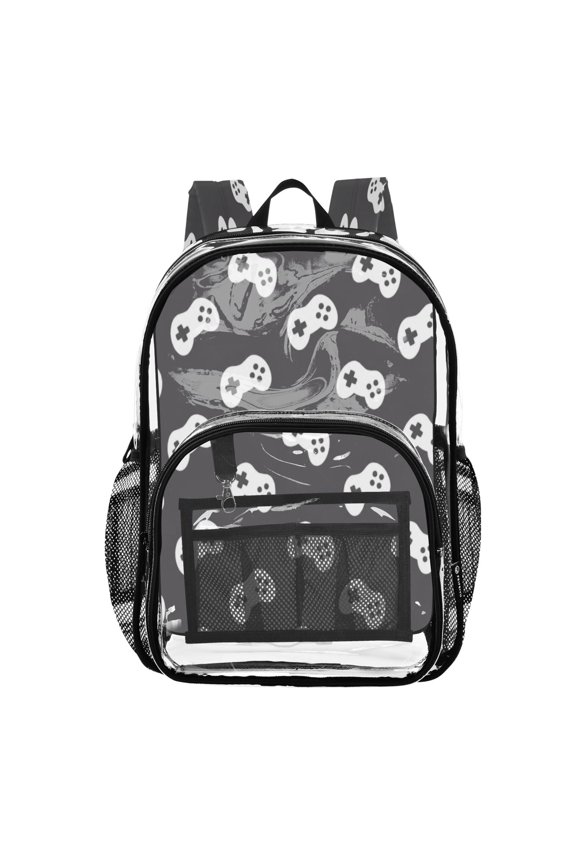 Clear PVC Backpack 12L Transparent Shoulder Bag with Mesh Pockets Retro Gaming Pattern