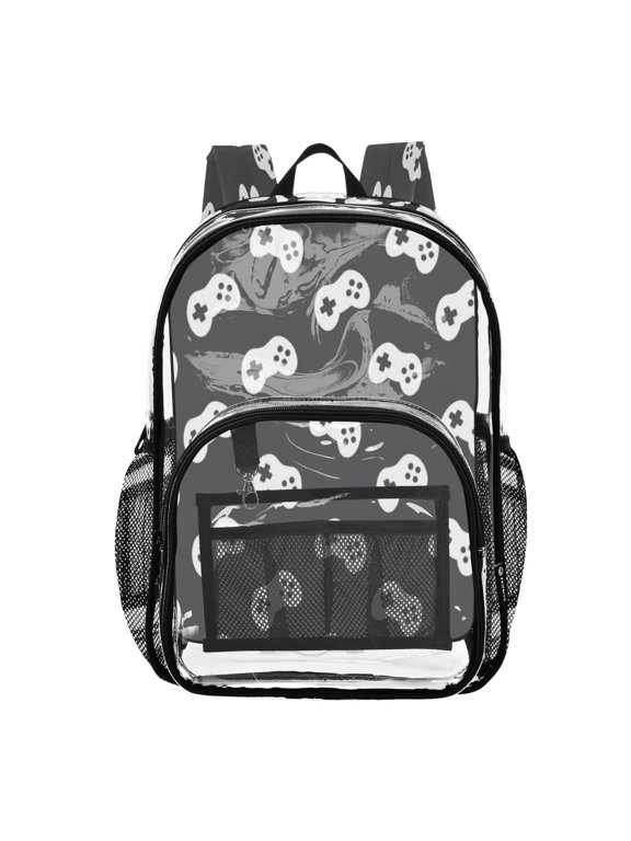 Clear PVC Backpack 12L Transparent Shoulder Bag with Mesh Pockets Retro Gaming Pattern