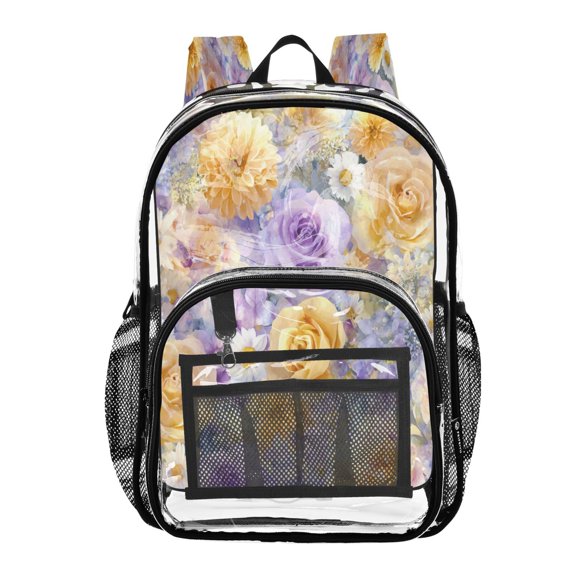 Clear PVC Backpack 12L Transparent Shoulder Bag with Mesh Pockets Romantic Rose Daisy Pattern