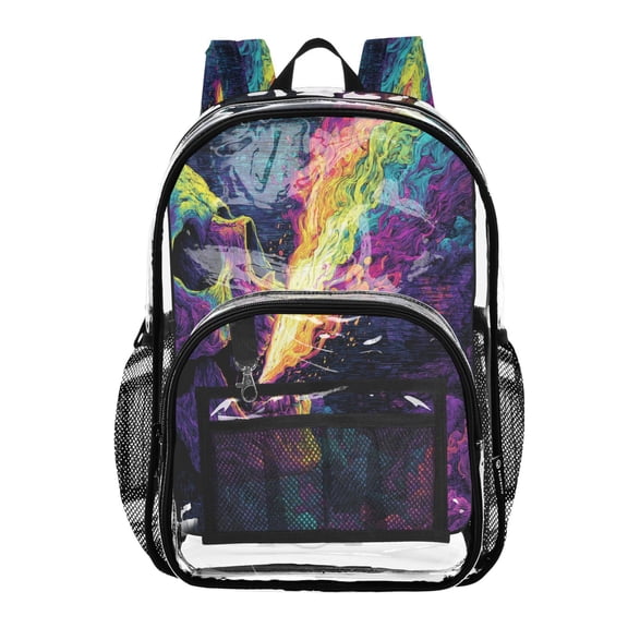 Clear PVC Backpack 12L Transparent Shoulder Bag with Mesh Pockets Skull Spitting Rainbow Gas