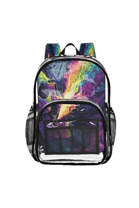 Clear PVC Backpack 12L Transparent Shoulder Bag with Mesh Pockets Skull Spitting Rainbow Gas