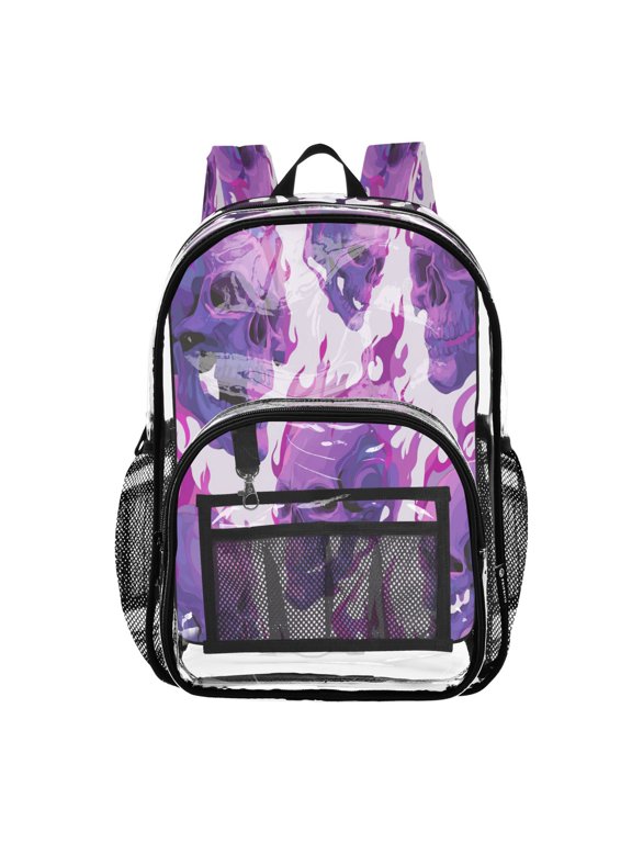 Clear PVC Backpack 12L Transparent Shoulder Bag with Mesh Pockets Skulls with Purple Flames