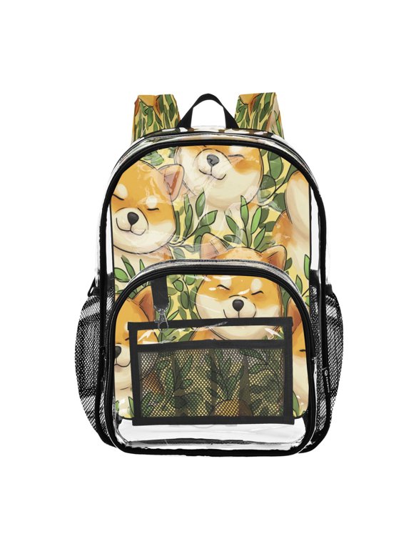 Clear PVC Backpack 12L Transparent Shoulder Bag with Mesh Pockets Sleepy Shiba Buddies