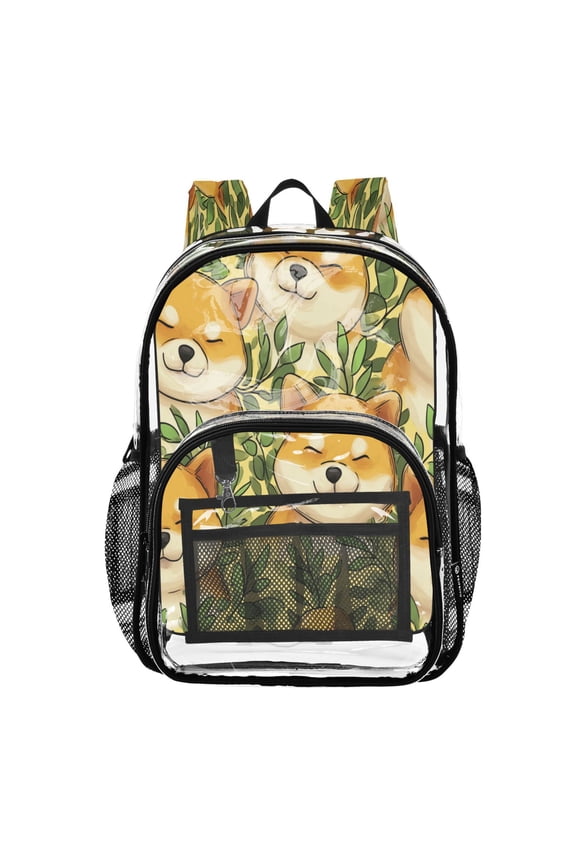 Clear PVC Backpack 12L Transparent Shoulder Bag with Mesh Pockets Sleepy Shiba Buddies