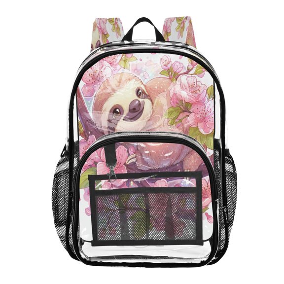 Clear PVC Backpack 12L Transparent Shoulder Bag with Mesh Pockets Sloth in Cherry Blossoms