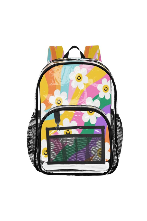 Clear PVC Backpack 12L Transparent Shoulder Bag with Mesh Pockets Smiley Daisy on Rainbow Background